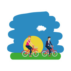 Woman and man riding bike vector design