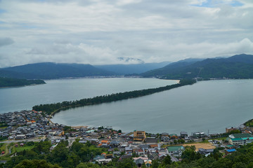 Amanohashidate top view with blue sky