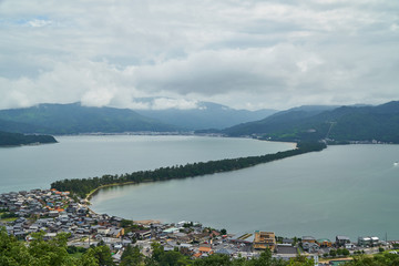 Amanohashidate top view with blue sky