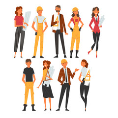 Building Workers and Architects Characters Set, Male and Female Professional Construction Workers Vector Illustration
