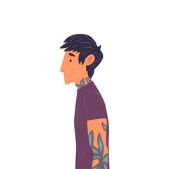Young Brunette Man with Tattoos Side View Vector Illustration True Style