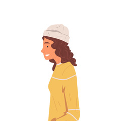 Hipster Girl in Yellow Sweater and Hat, Side View Vector Illustration
