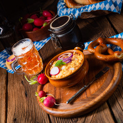 rustic Bavarian obazda with radishes and onions