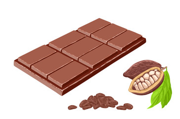 Bar of chocolate, cacao pod and cocoa beans Isolated on white background. Vector illustration of sweets in cartoon flat style.