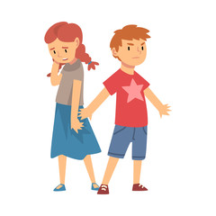 Brave Boy Defending Girl Who Standing Behind Him Vector Illustration