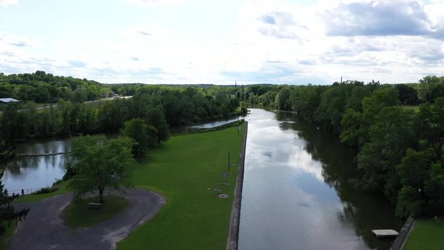 Aerial Erie Canal lock 29 Palmyra New York. Pioneer engineering wonder. 363 miles long man made waterway built in 1817. Transport of cargo from eastern ports and cities.