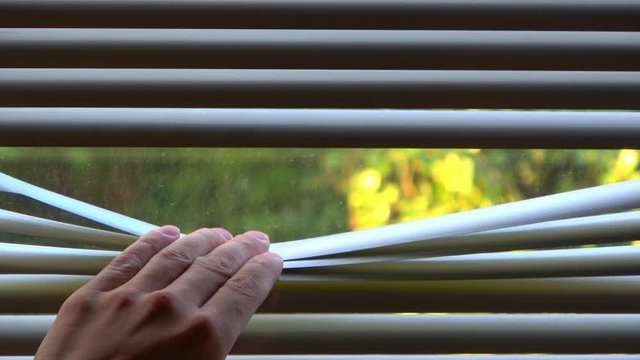 Looking out through Venetian blinds. Hand revealing white Venetian blinds.