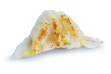 Dumpling pot stickers chinese style Shrimp Juicy fried gyoza isolated on white background. This has clipping path. 
