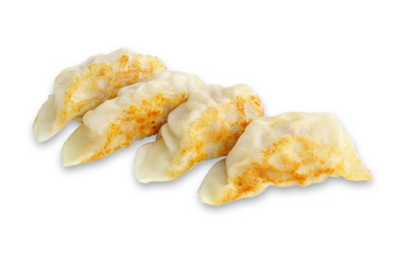 Dumpling pot stickers chinese style Shrimp Juicy fried gyoza isolated on white background. This has...