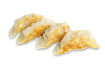 Dumpling pot stickers chinese style Shrimp Juicy fried gyoza isolated on white background. This has clipping path. 