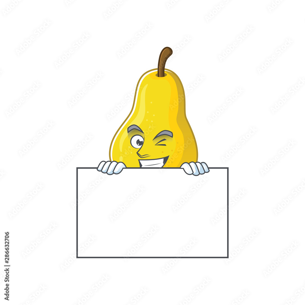 Poster Grinning with board fruit pear cartoon character with mascot