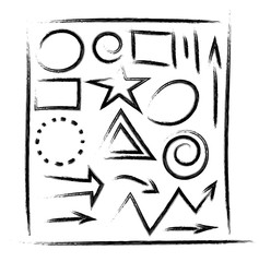 Set of hand drawn grunge design elements, frames, speech bubbles, boxes and brush strokes, arrows. Stock vector illustration isolated on white background.