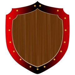 Wooden shield with rivet metal trim.
