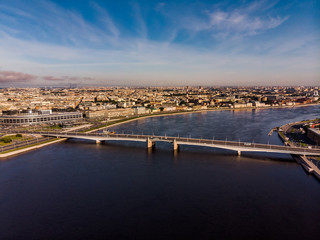 Magnificent panorama of Alexander Nevsky bridge, Moscow hotel and Neva embankment in St. Petersburg.