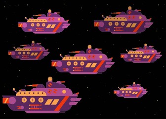 A fleet of military spaceships in space.