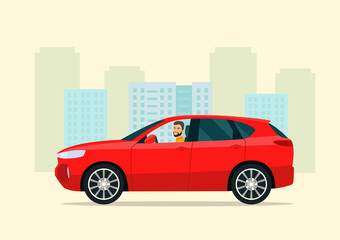 Fototapeta na wymiar CUV car with a driver man on a background of abstract cityscape. Vector flat style illustration.