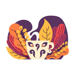 Poster template with hygge mug and leaves.