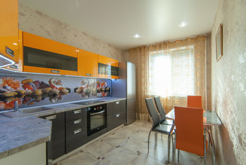 Russia, Moscow- May 23, 2018: interior room apartment. standard repair decoration in hostel. kitchen and dining room