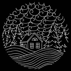 Landscape in a circle drawn by lines, a house in the forest between the Christmas trees.