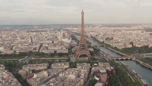Aerial drone shot of the famous Eiffel Tower in Paris, France