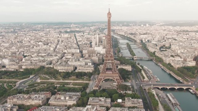 Aerial drone shot of the famous Eiffel Tower in Paris, France