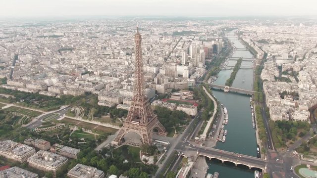 Aerial drone shot of the famous Eiffel Tower in Paris, France