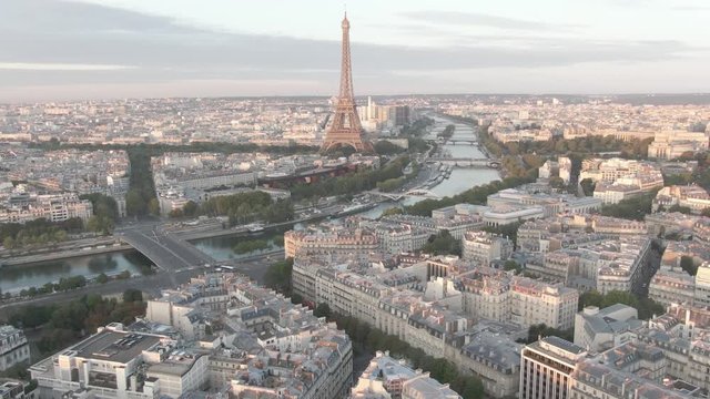 Aerial drone shot of the famous Eiffel Tower in Paris, France