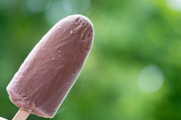 Hand holding a tasty delicious ice cream stick chocolate bar
