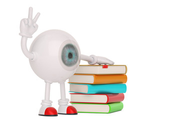 Eyeball  character and books isolated on white background. 3D illustration.