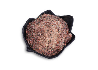 Himalayan black volcanic rock salt in black bowl isolated on white background. This has clipping path.    
