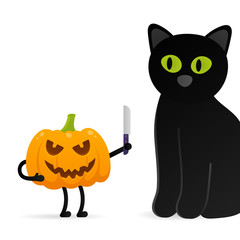 Orange halloween pumpkin with scary face expression grimace, knife in the hands standing near black witch cat flat style design vector illustration isolated on white background.