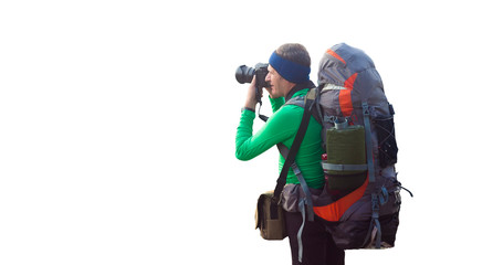 Fototapeta premium man with backpack on the mountain. photographer taking photos
