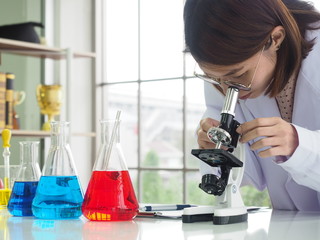 female Scientists are using computer with window background copy space.Experimental equipment and...