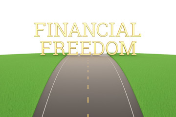 Fototapeta na wymiar Road and financial freedom word isolated on white background, 3D illustration.