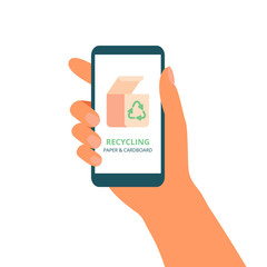 Hand holds mobile phone with green concept of recycle paper and cardboard  on the display. Waste recycle management onboarding mobile app page screen. Vector illustration