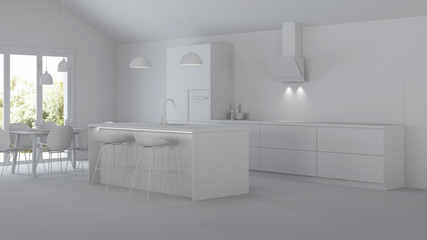Naklejka na ściany i meble The interior of the kitchen in a private house. Gray interior. 3D rendering.