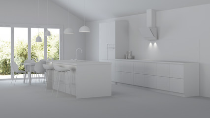 The interior of the kitchen in a private house. Gray interior. 3D rendering.