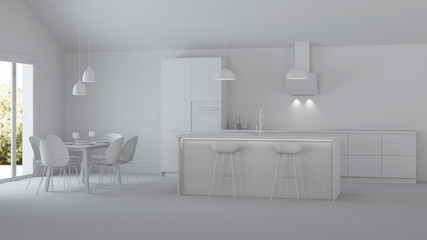 The interior of the kitchen in a private house. Gray interior. 3D rendering.
