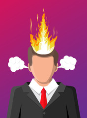 Stressed businessman with hair on fire. Overworked exhausted man with burning brain. Person burnt by work. Emotional stress. Man in suit with burning head. Vector illustration in flat style
