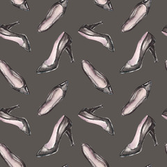 Watercolor illustration pattern of cute patent leather pumps. Hand drawn isolated on a dark warm gray background.