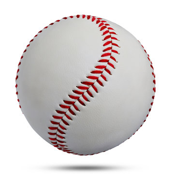 White leather baseball ball  sewn rope red used to throw and hit with wood isolated on white background. This has clipping path.        