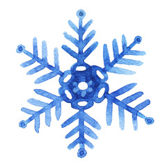 Hand drawn watercolor blu snowflake isolated on white background. Holiday traditional decoration, sign of winter, cold weather. Can be used for print, textile, cards, invitation