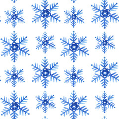 Pattern seamless hand drawn watercolor blu freezing snowflakes isolated on white background.  Design for seasons greeting cards or gift wrapping, wallpaper.