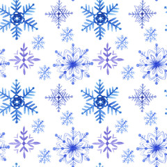 Pattern seamless hand drawn watercolor blu violet freezing snowflakes isolated on white background.  Design for seasons greeting cards or gift wrapping, wallpaper.