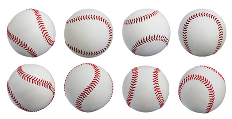 Set of photo isolate Baseball 8 balls standard hard cork inner sewing made from leather isolated with path on white background. Team outdoor sports popular in America USA, Japan, UK, other countries.