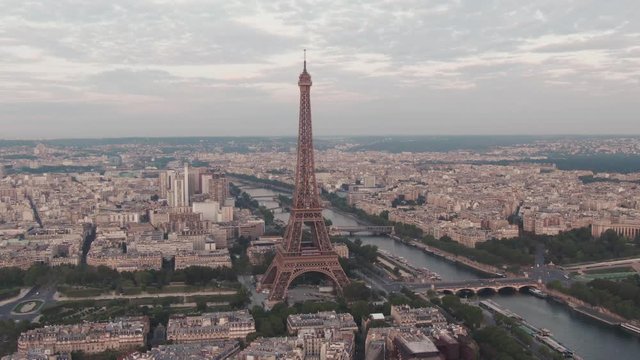 Aerial drone shot of the famous Eiffel Tower in Paris, France