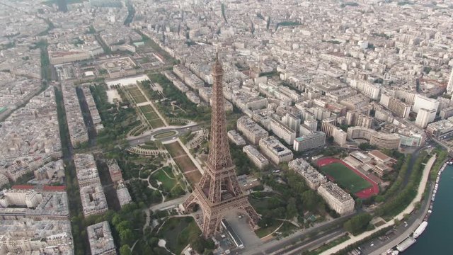 Aerial drone shot of the famous Eiffel Tower in Paris, France
