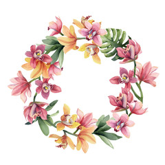 Wreath of yellow, rose orchid flowers and leaves on white background.