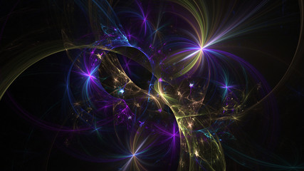 Abstract transparent blue and golden crystal shapes. Fantasy light background. Digital fractal art. 3d rendering.