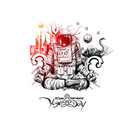 Astronaut in spacesuit yoga gestures , Hand Drawn Sketch Vector illustration.